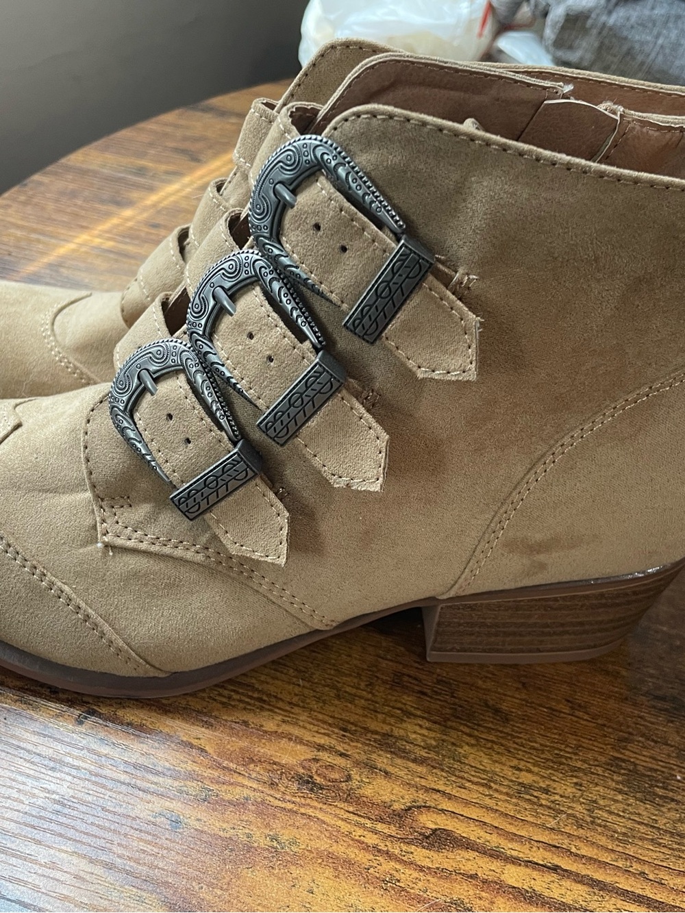 Sonoma Taupe Suede Ankle Boots with Triple Decorative Buckles